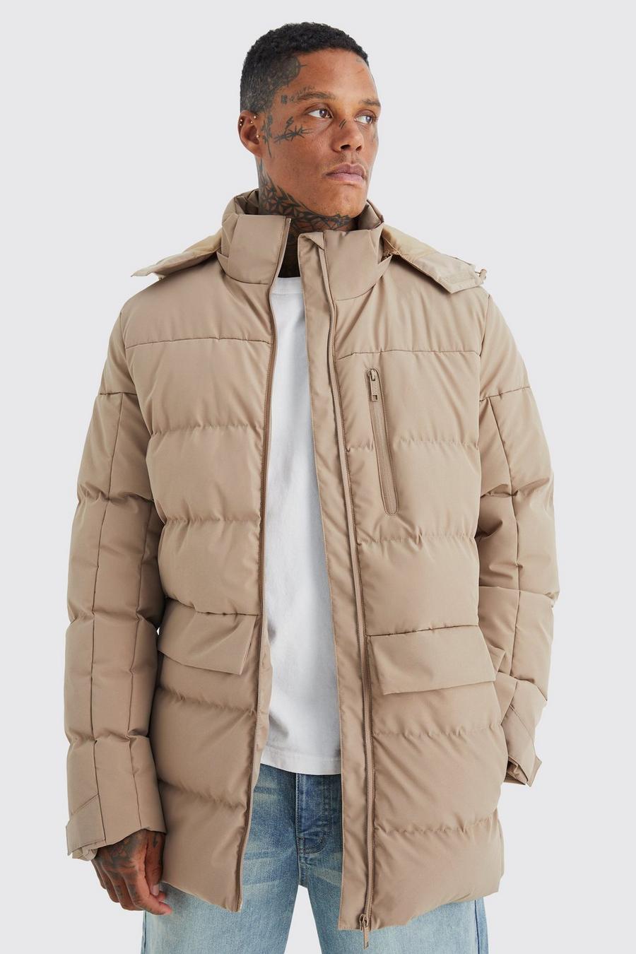 Taupe Longline Quilted Puffer With Hood