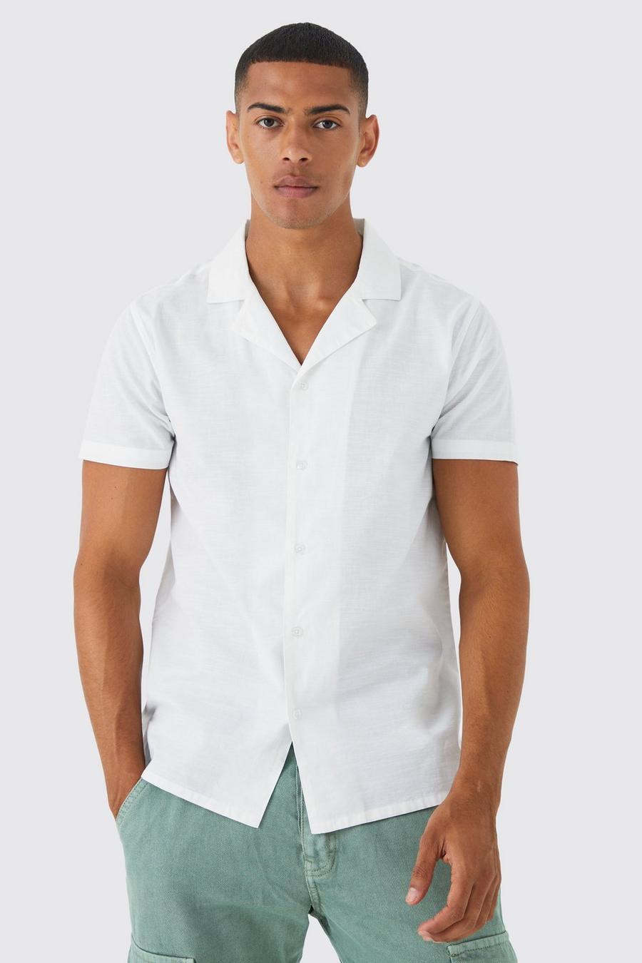 White Short Sleeve Linen Look Revere Shirt