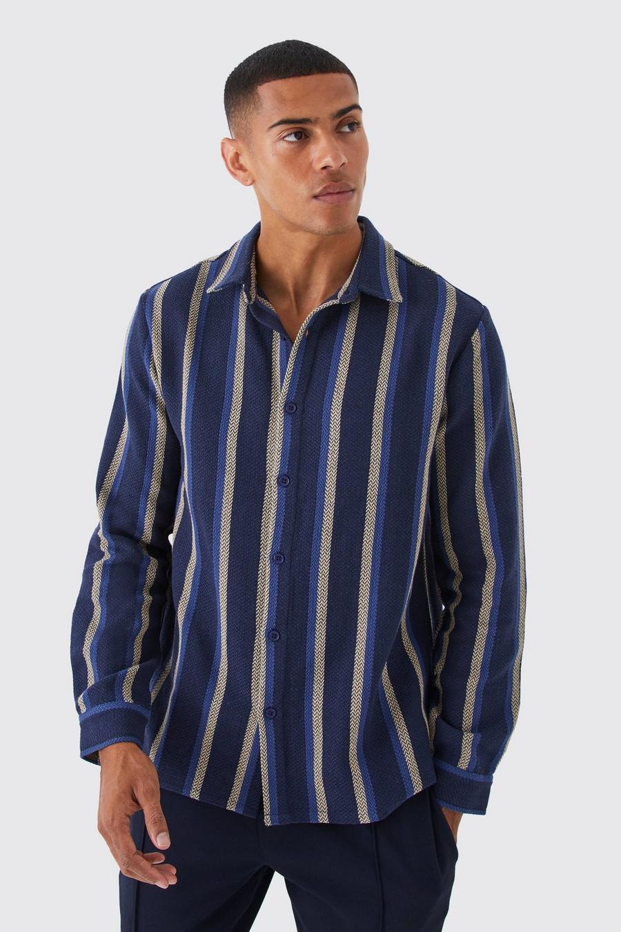 Blue Dik Geweven Gestreept Jacquard Overhemd