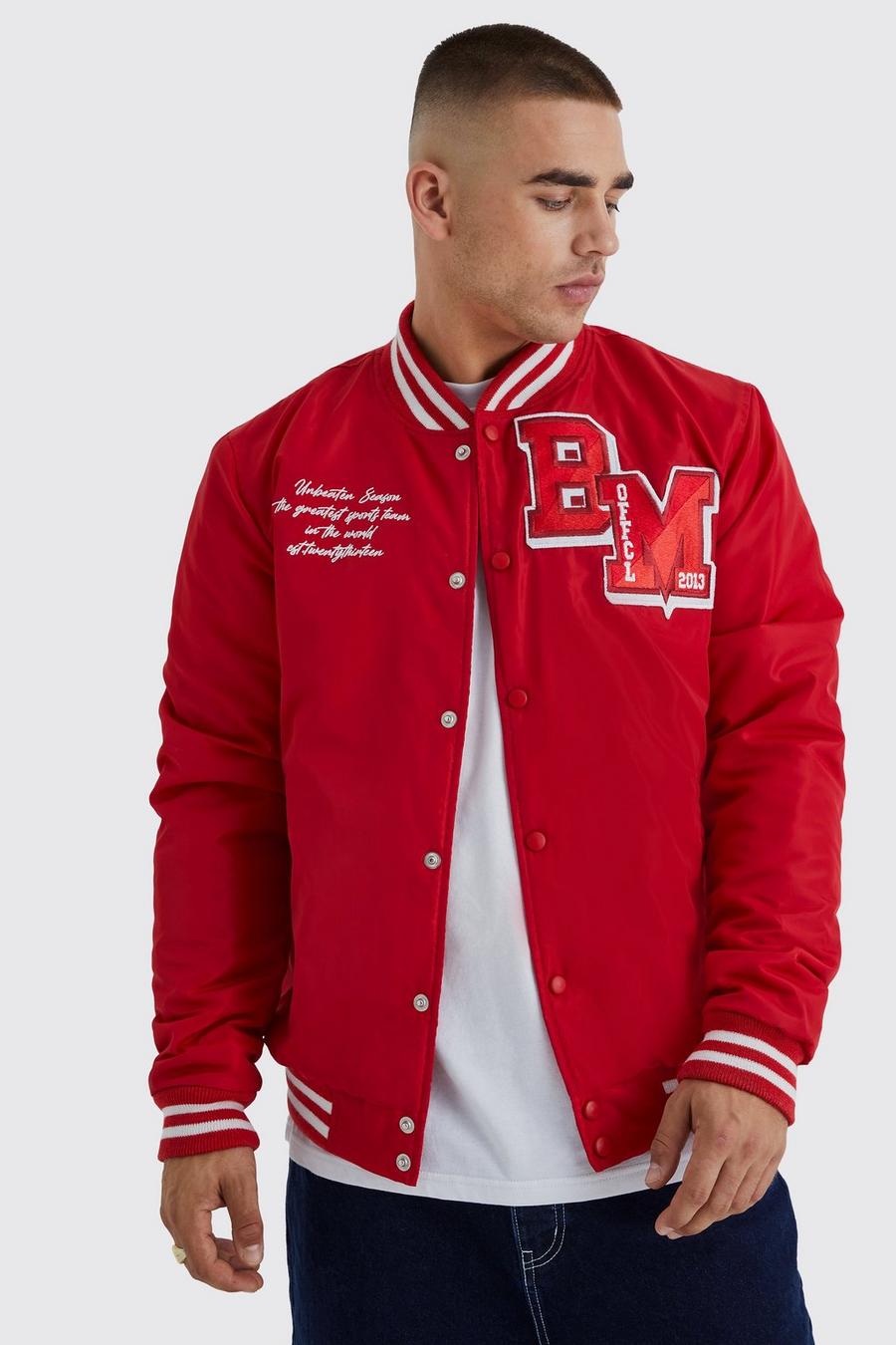 Red Nylon Varsity Jacket With Badges image number 1