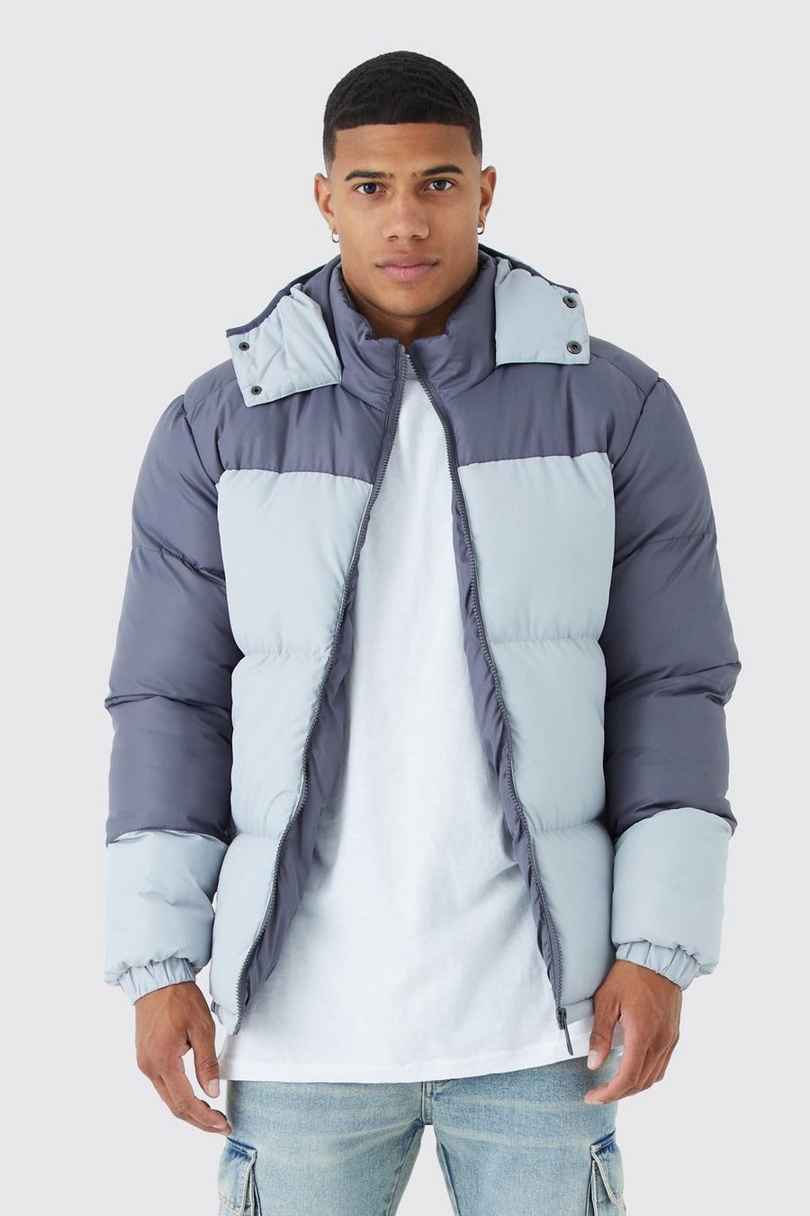 Grey Colour Block Quilted Puffer With Hood
