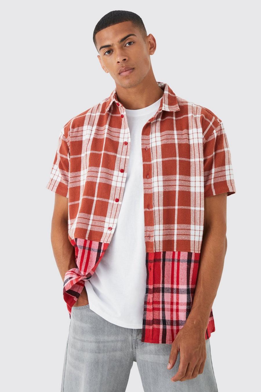 Camicia oversize a quadri con fondo effetto patchwork, Red