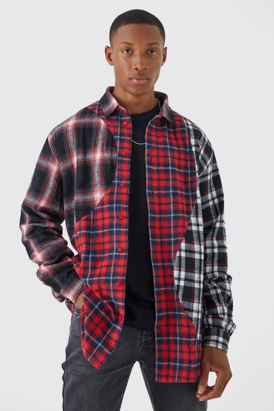 Red Oversized Waved Spliced Check Shirt