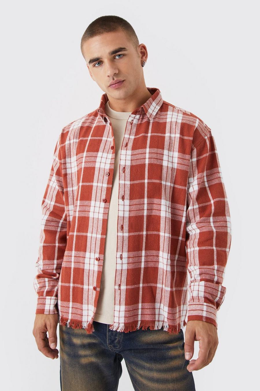 Red Boxy Check Distressed Shirt