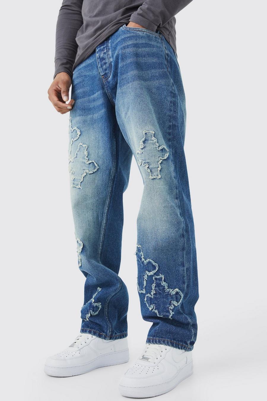 Antique wash Relaxed Fit Raw Edge Cross Applique Jeans 