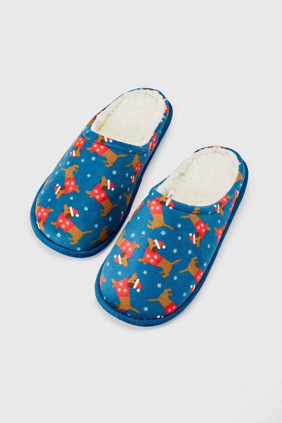 Navy Christmas Dog Print Slippers