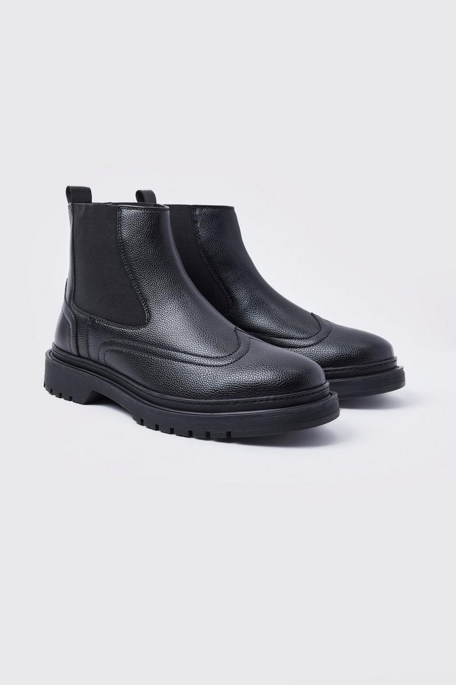 Black Faux Leather Chelsea Boots With Track Sole