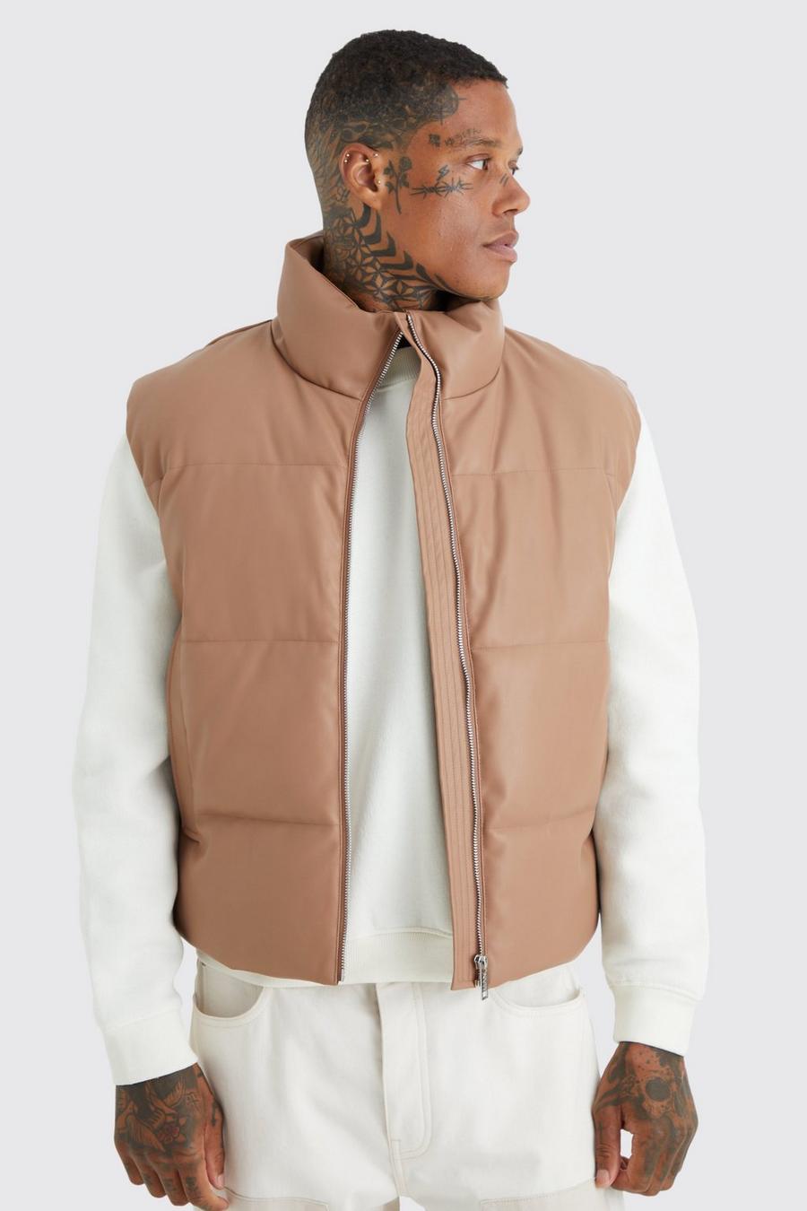 Chocolate Pu Funnel Neck Quilted Gilet