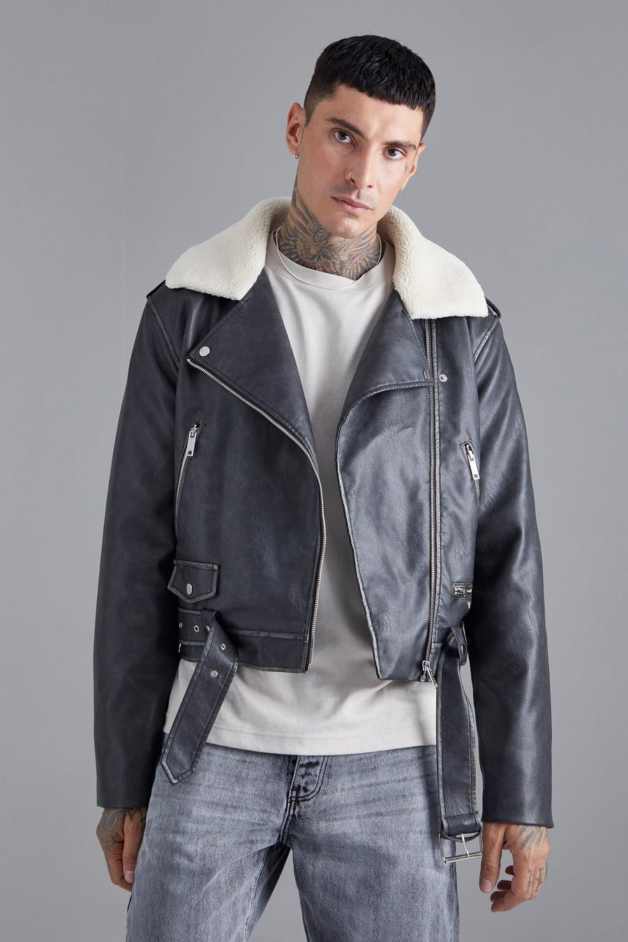 Grey Boxy Fit Washed Pu Biker With Borg Collar