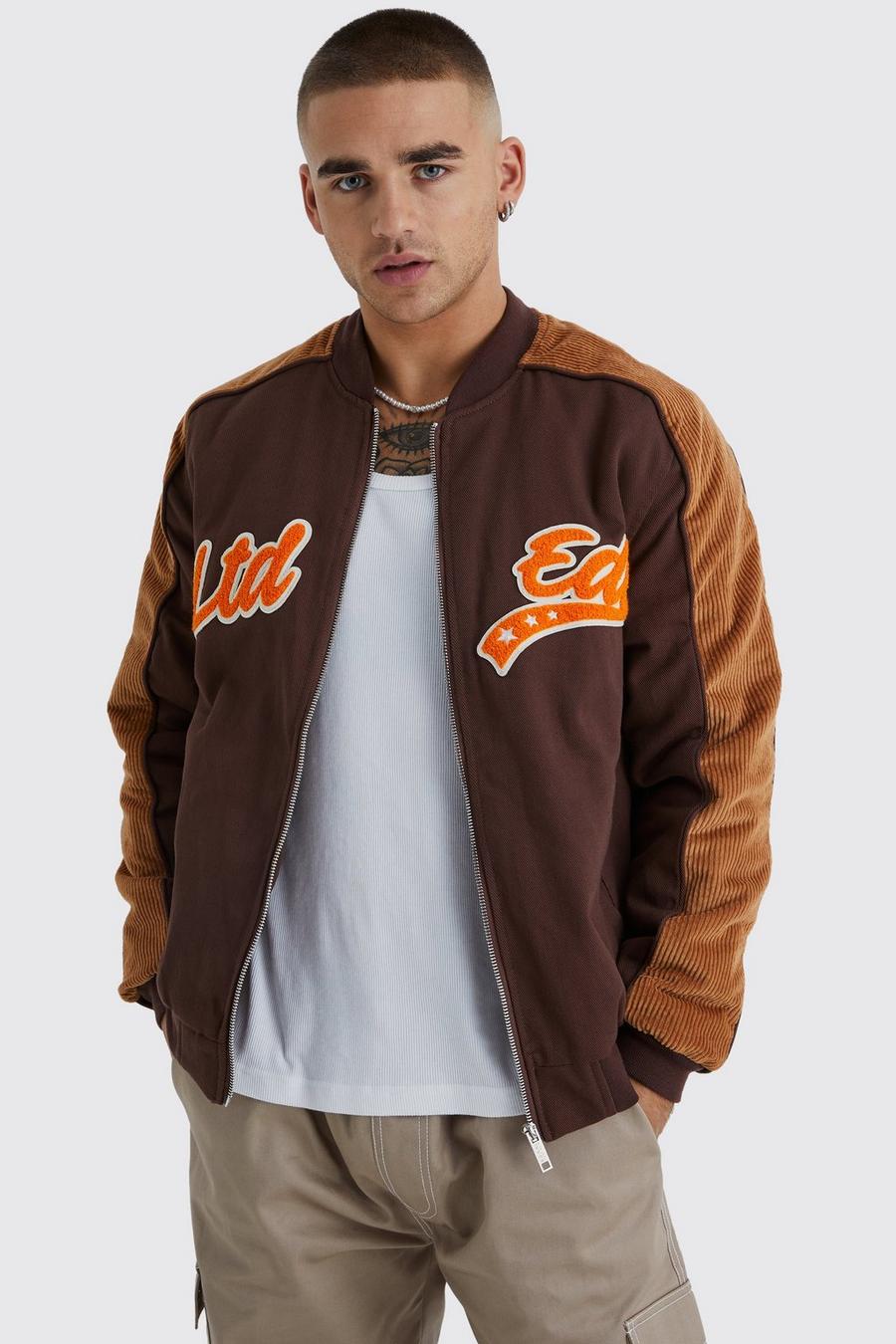 Giacca stile Varsity in velluto a coste e twill con stemmi, Chocolate image number 1