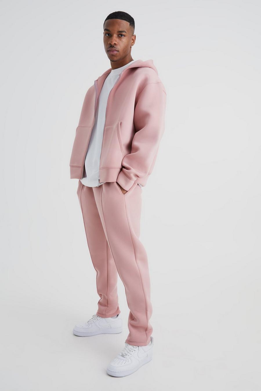 Dusty pink Oversized Boxy Zip Through Bonded Scuba Hooded Tracksuit