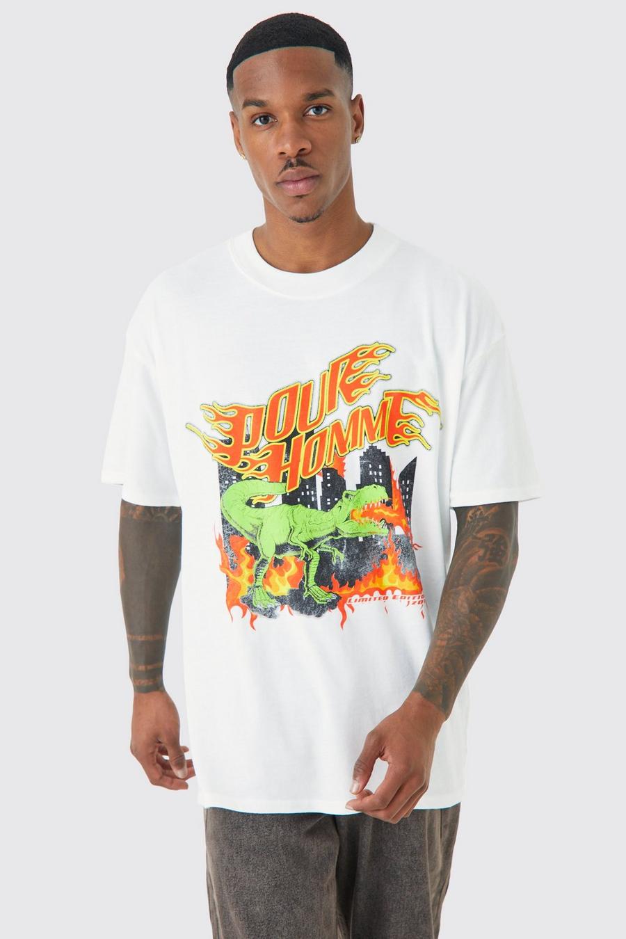 Oversize T-Shirt mit Pour Homme Dinosaur Flammen Print, White