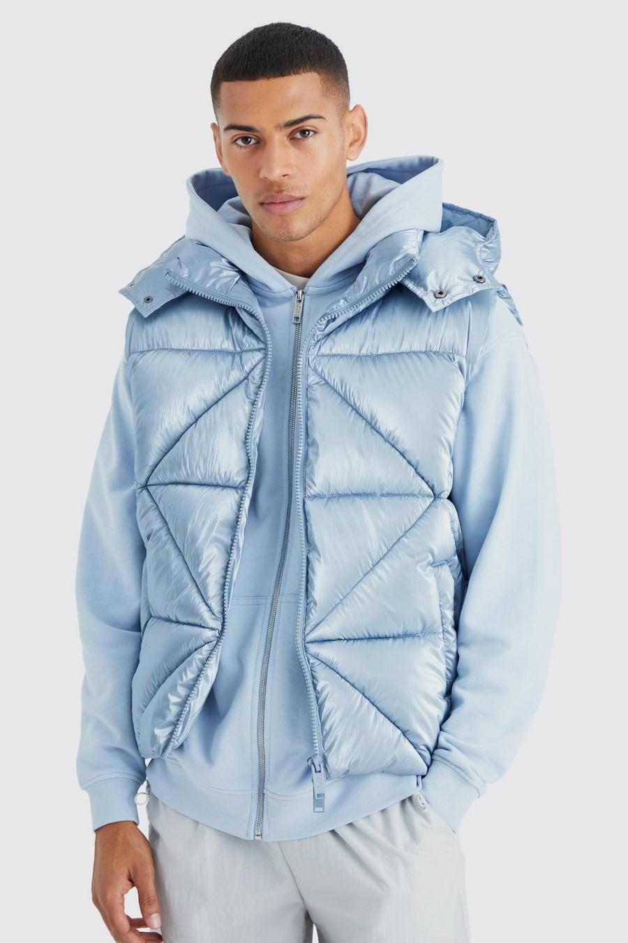 Pale blue Metallic Quilted Gilet With Hood