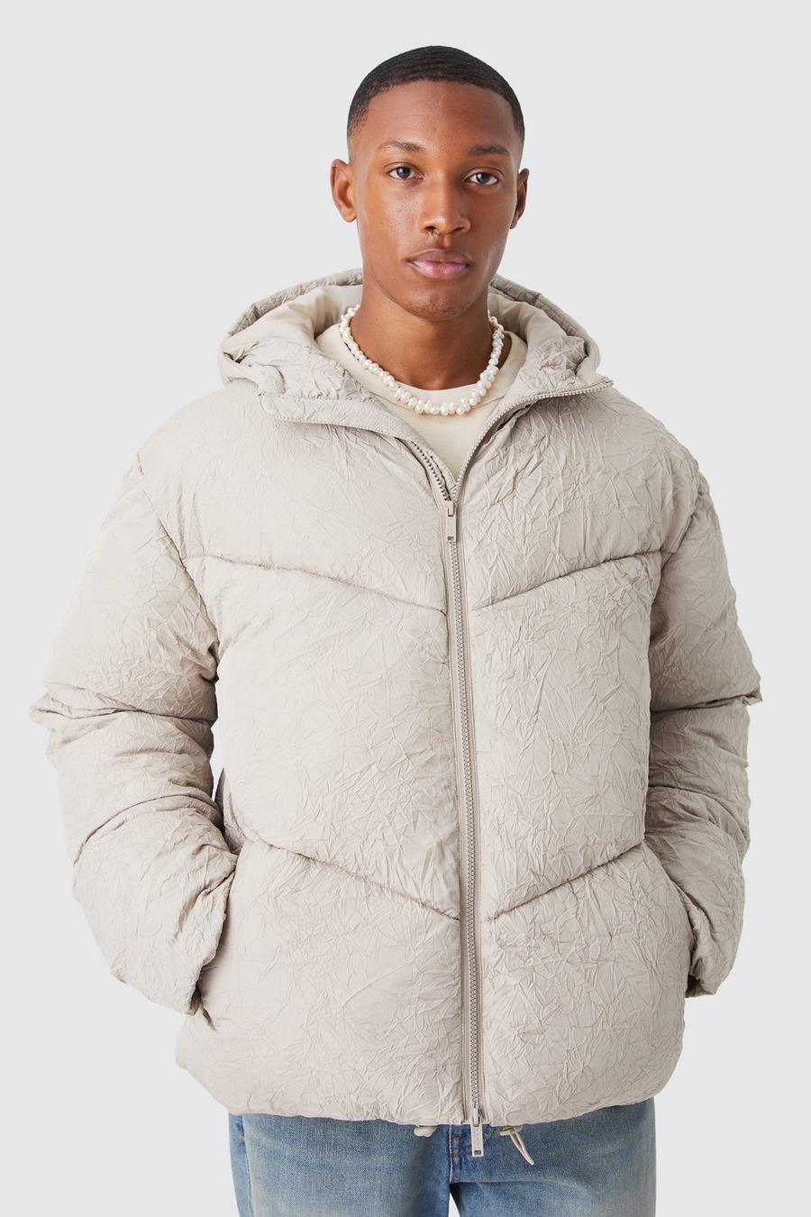 Taupe Crinkle Texture Hooded Puffer