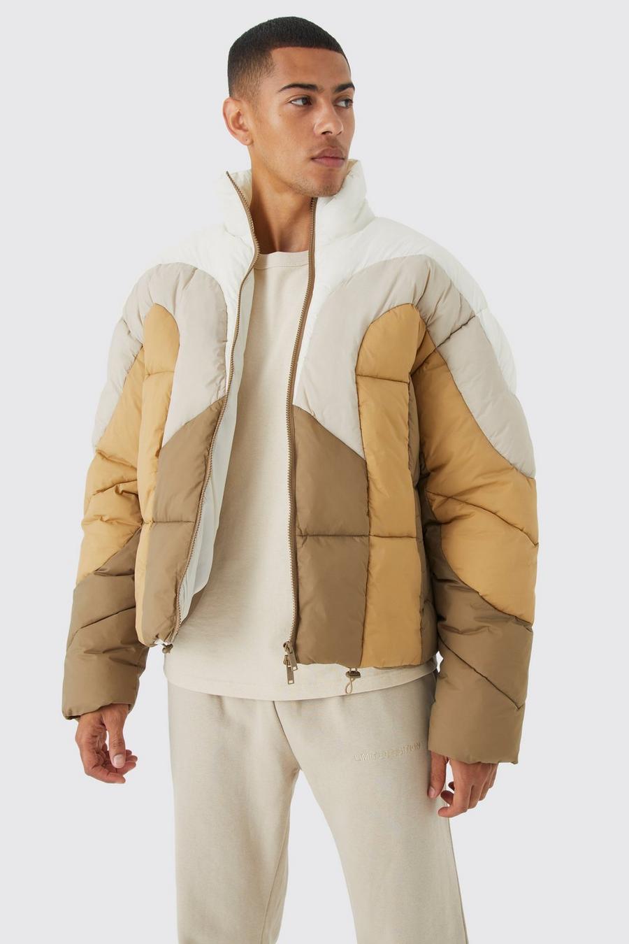 Tan Colour Block Curved Panel Puffer