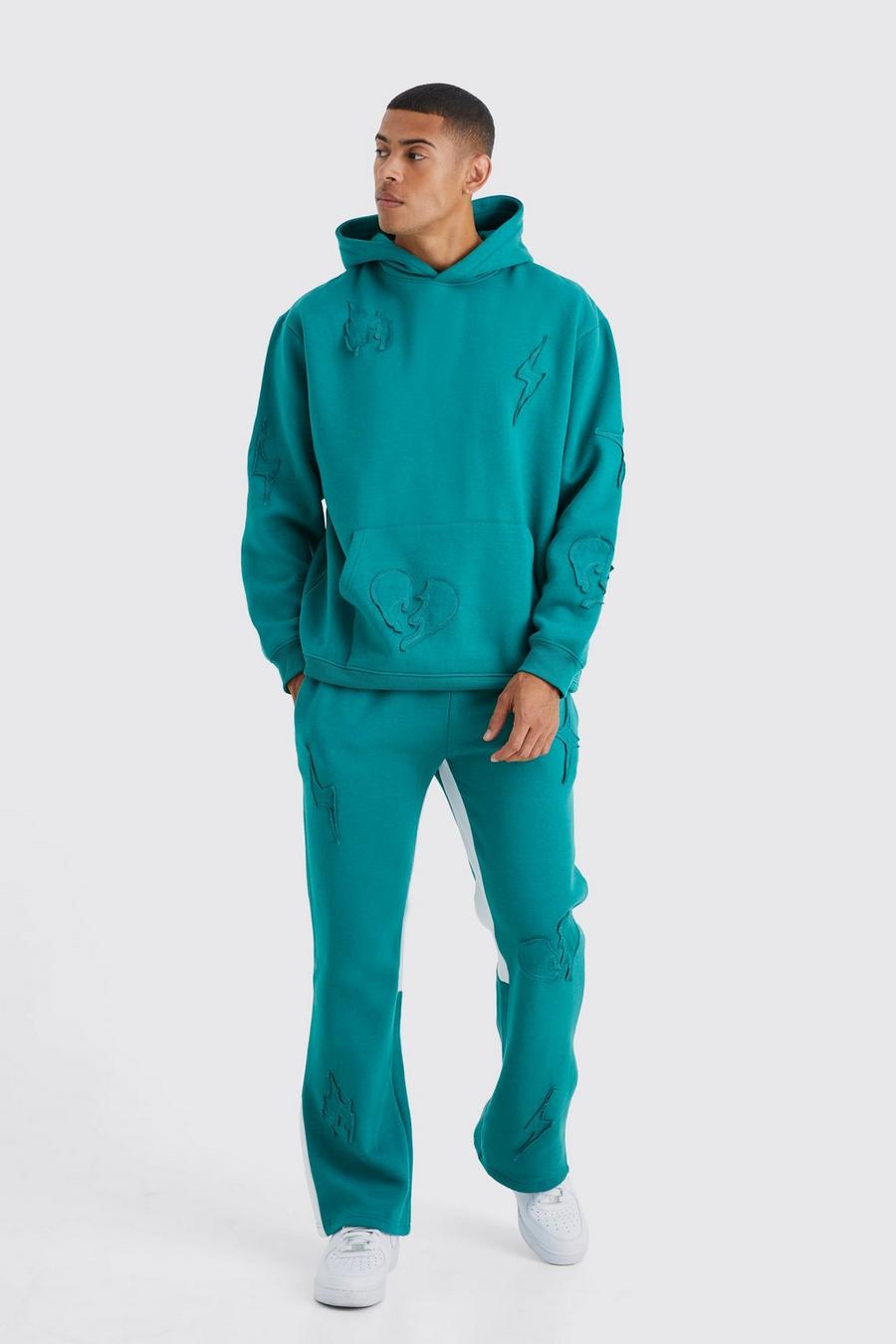 Teal Oversized Raw Applique Hooded Gusset Tracksuit 