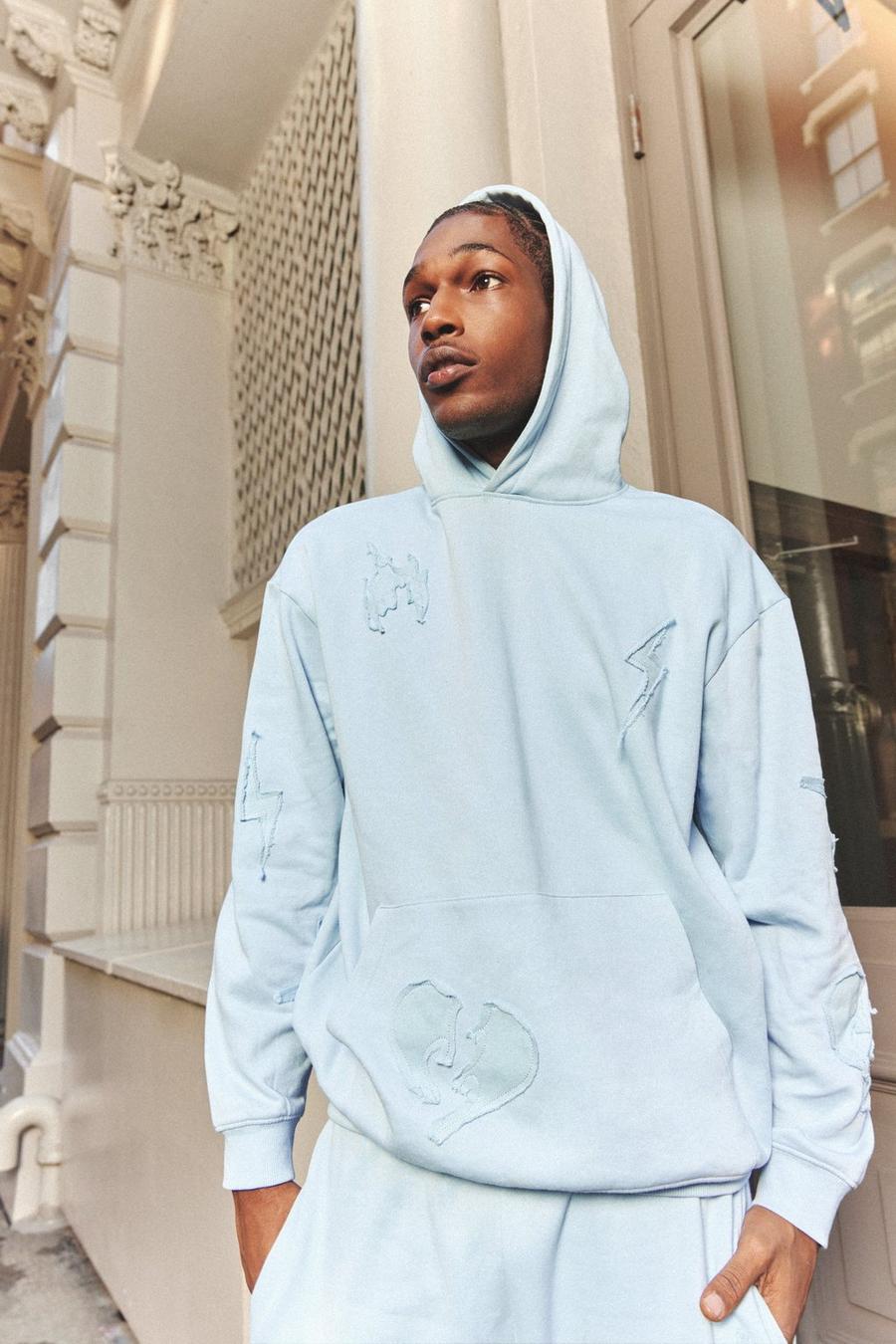 Light blue Oversized Raw Applique Hoodie  image number 1