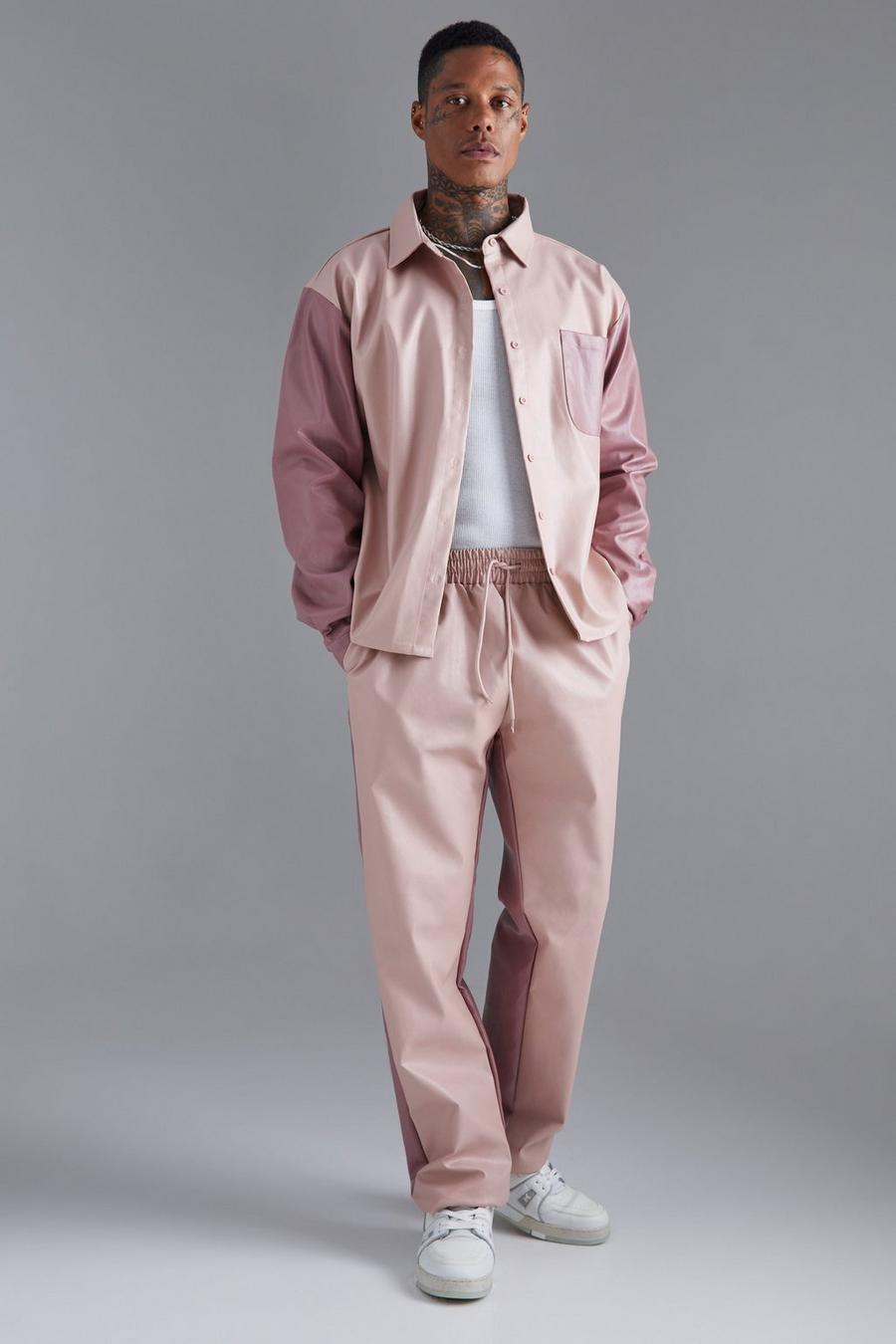 Pale pink Color Block Overhemd Met Lange Mouwen En Broek Met Gusset Detail