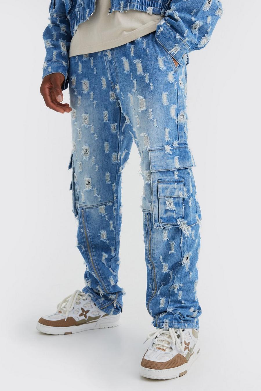 Mid blue Onbewerkte Baggy Versleten Cargo Jeans