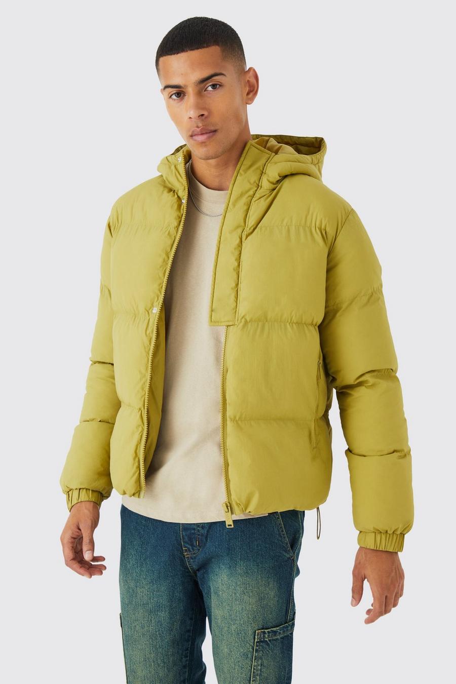 Olive Boxy Hooded Puffer With Half Placket