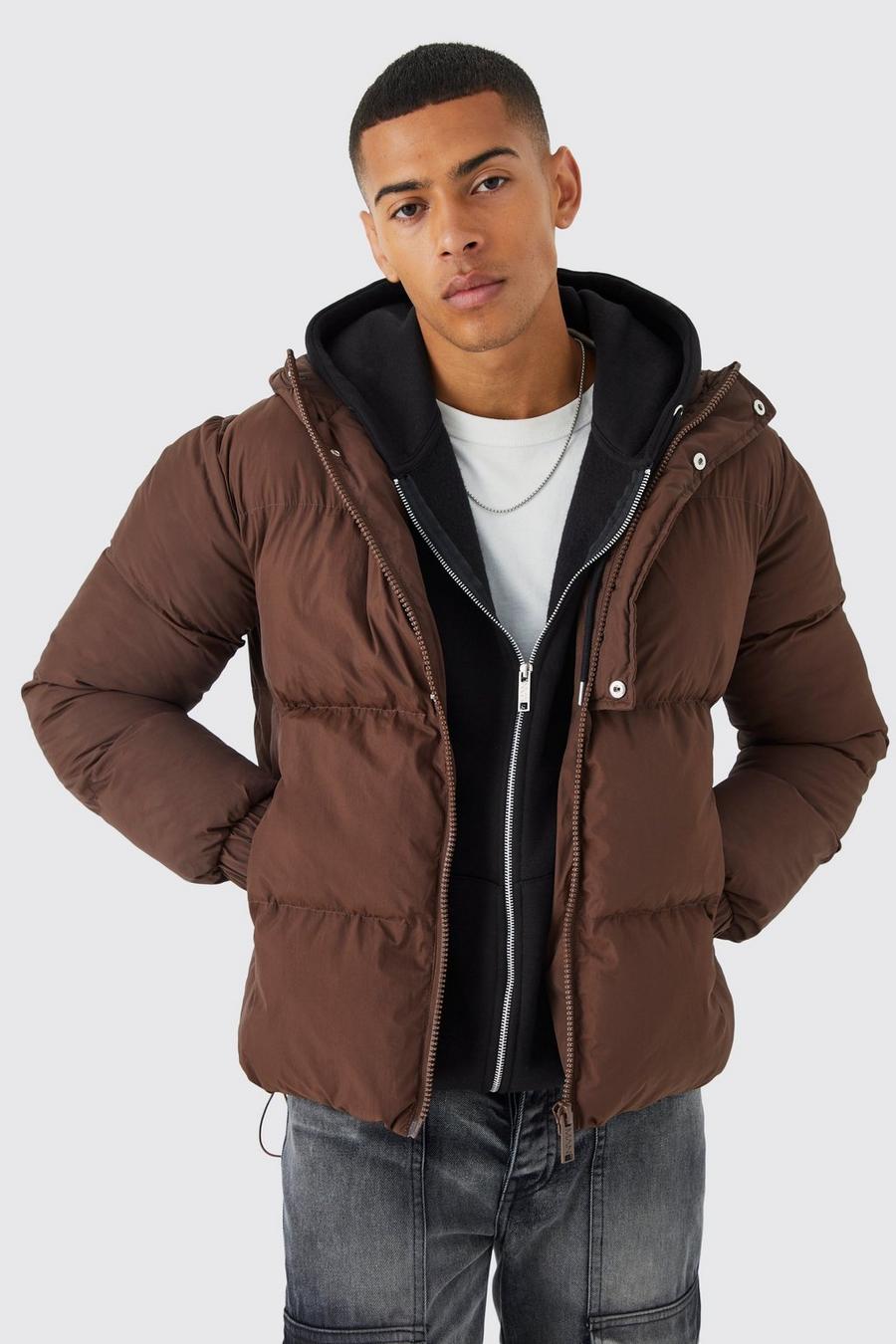 Chocolate Boxy Hooded Puffer With Half Placket 