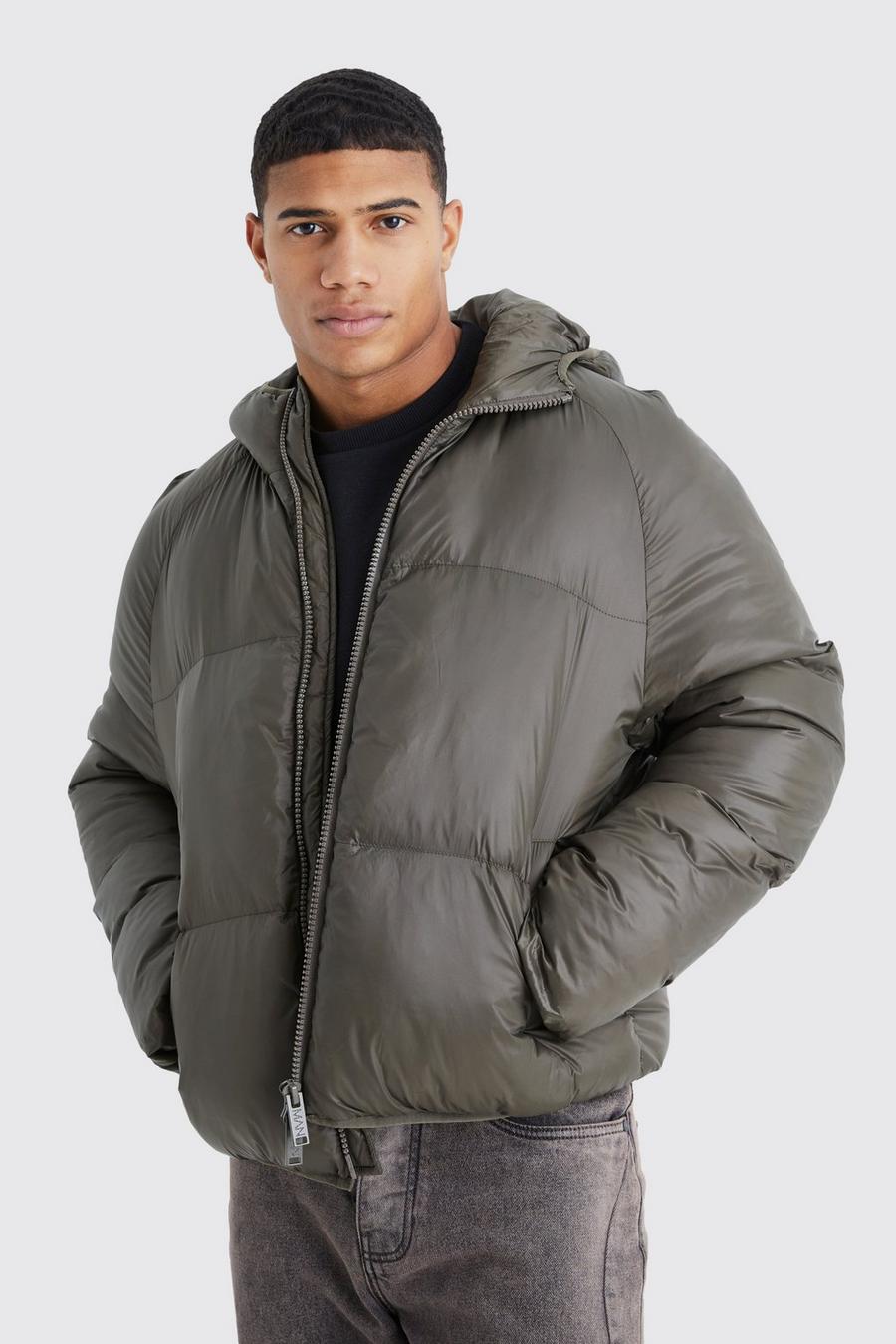 Charcoal Sheen Quilted Nylon Puffer With Hood