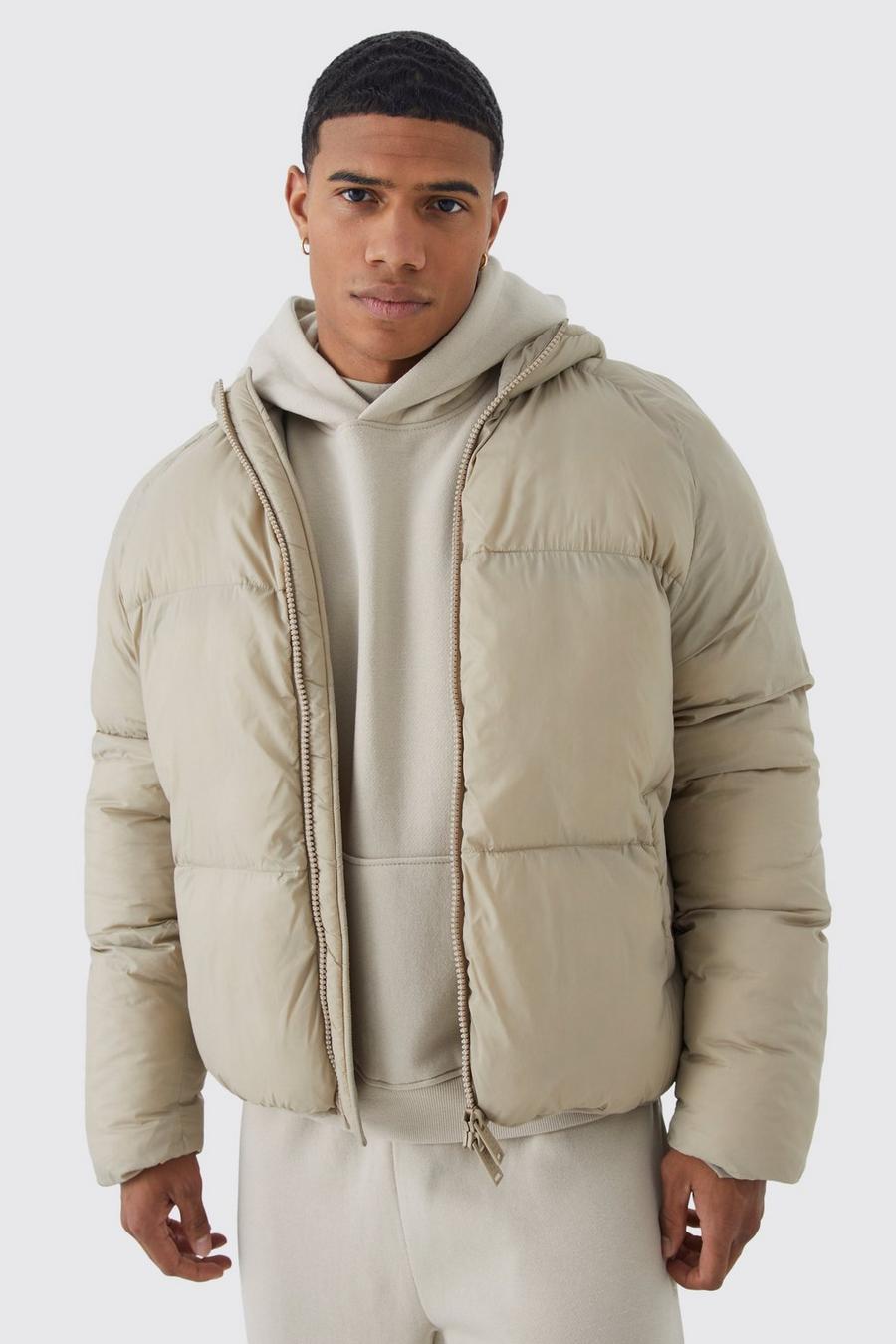 Stone Sheen Quilted Nylon Puffer With Hood