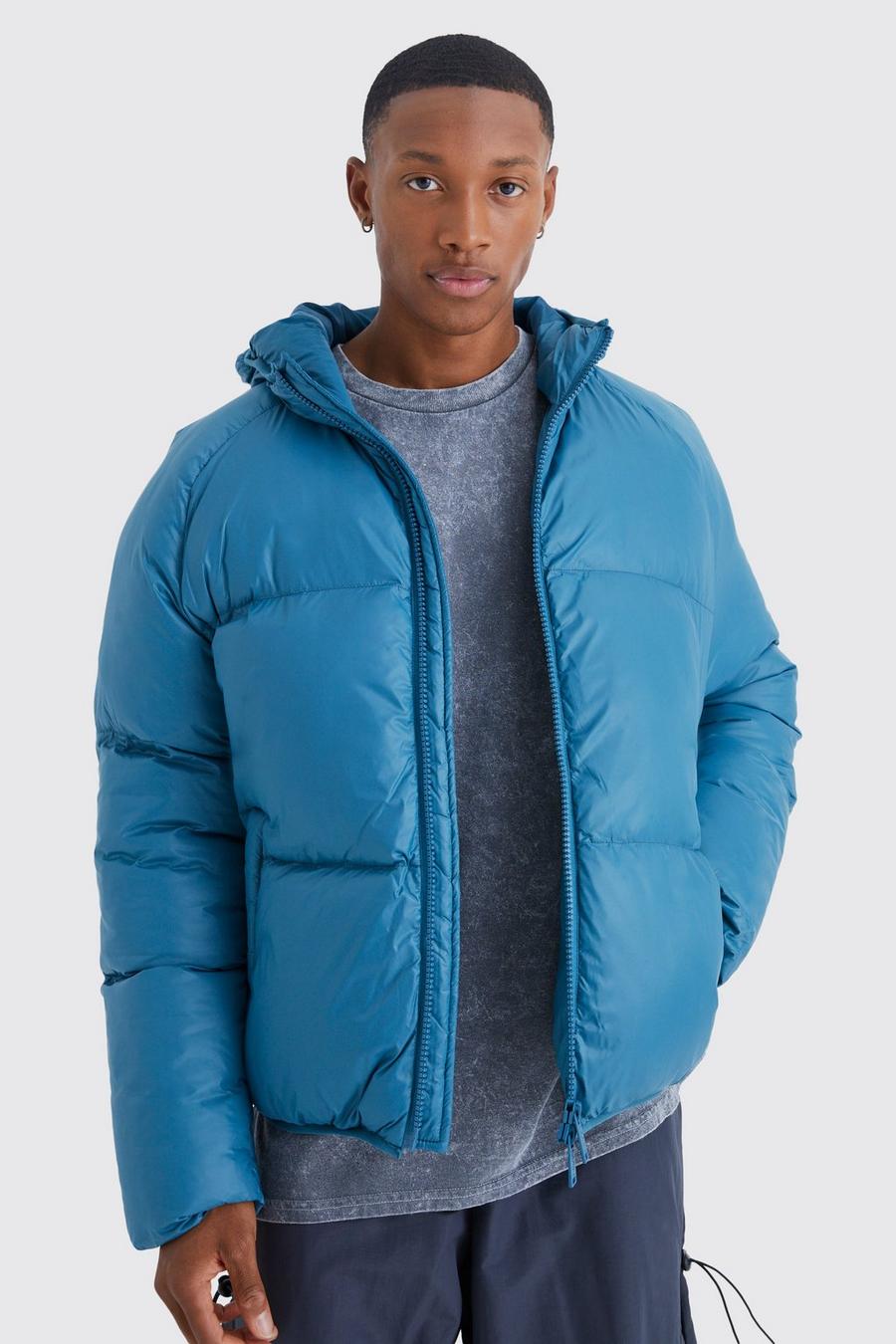 Petrol Sheen Quilted Nylon Puffer With Hood image number 1