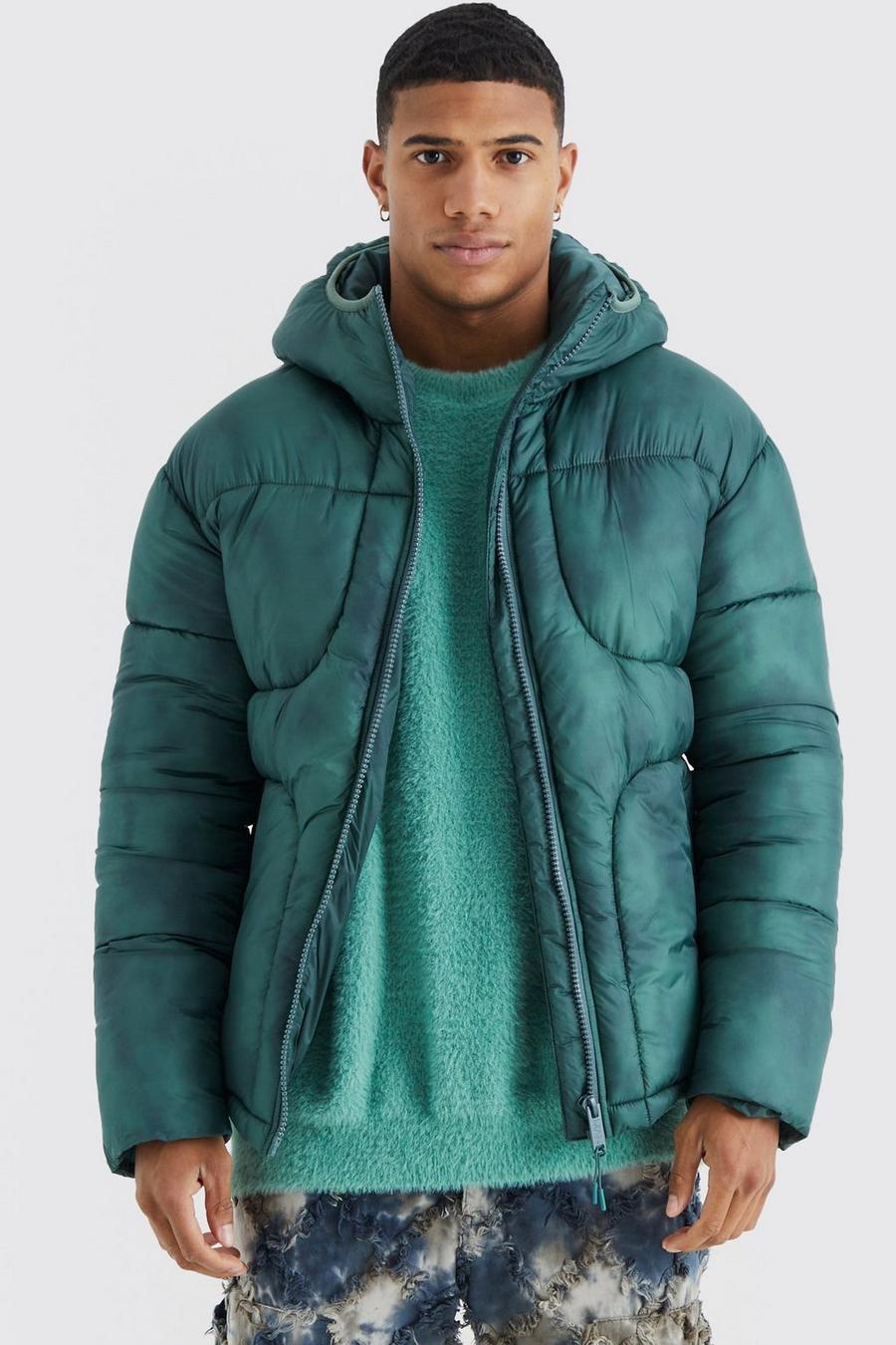 Green Tie Dye Quilted Puffer With Hood