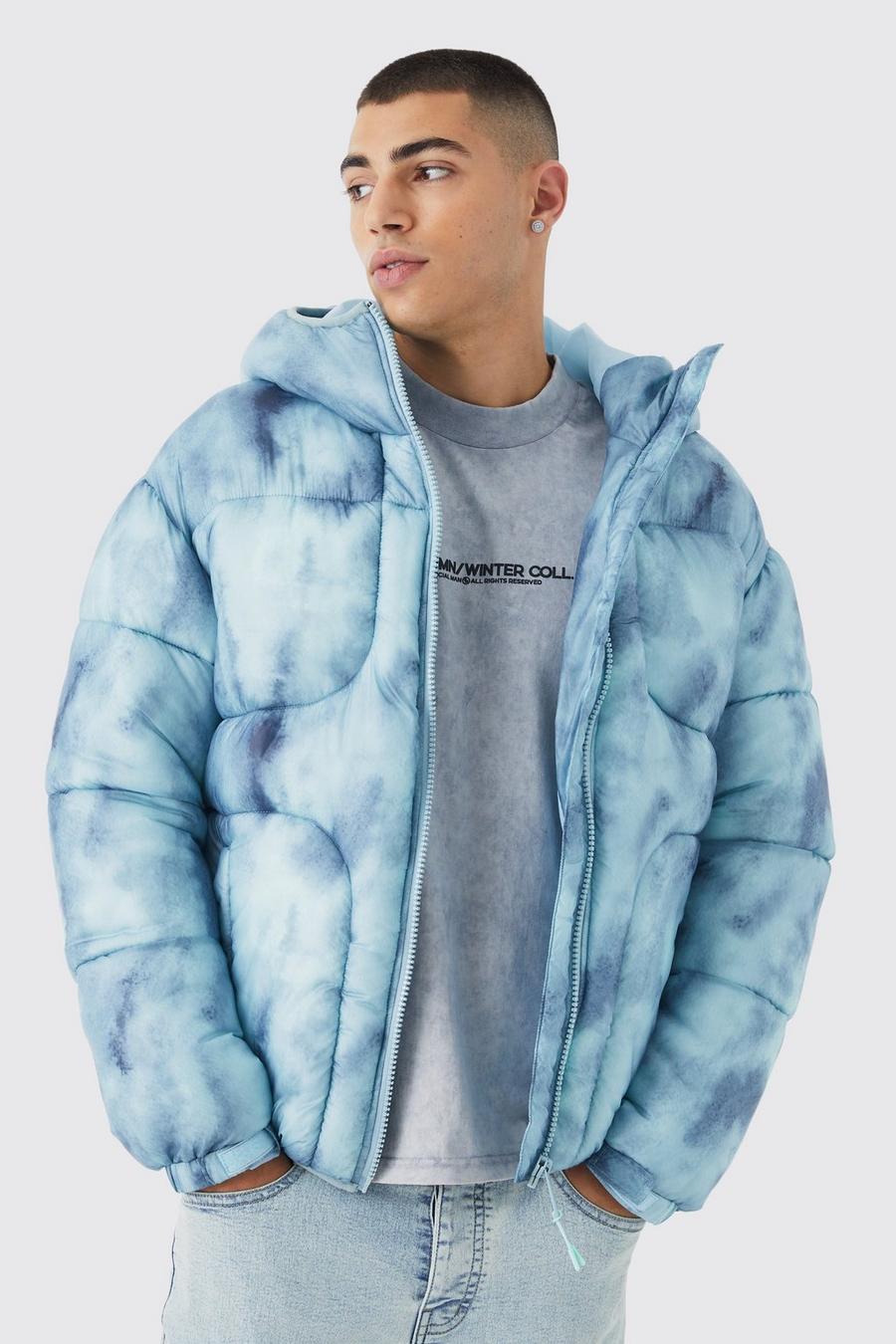 Blue Tie Dye Quilted Puffer With Hood