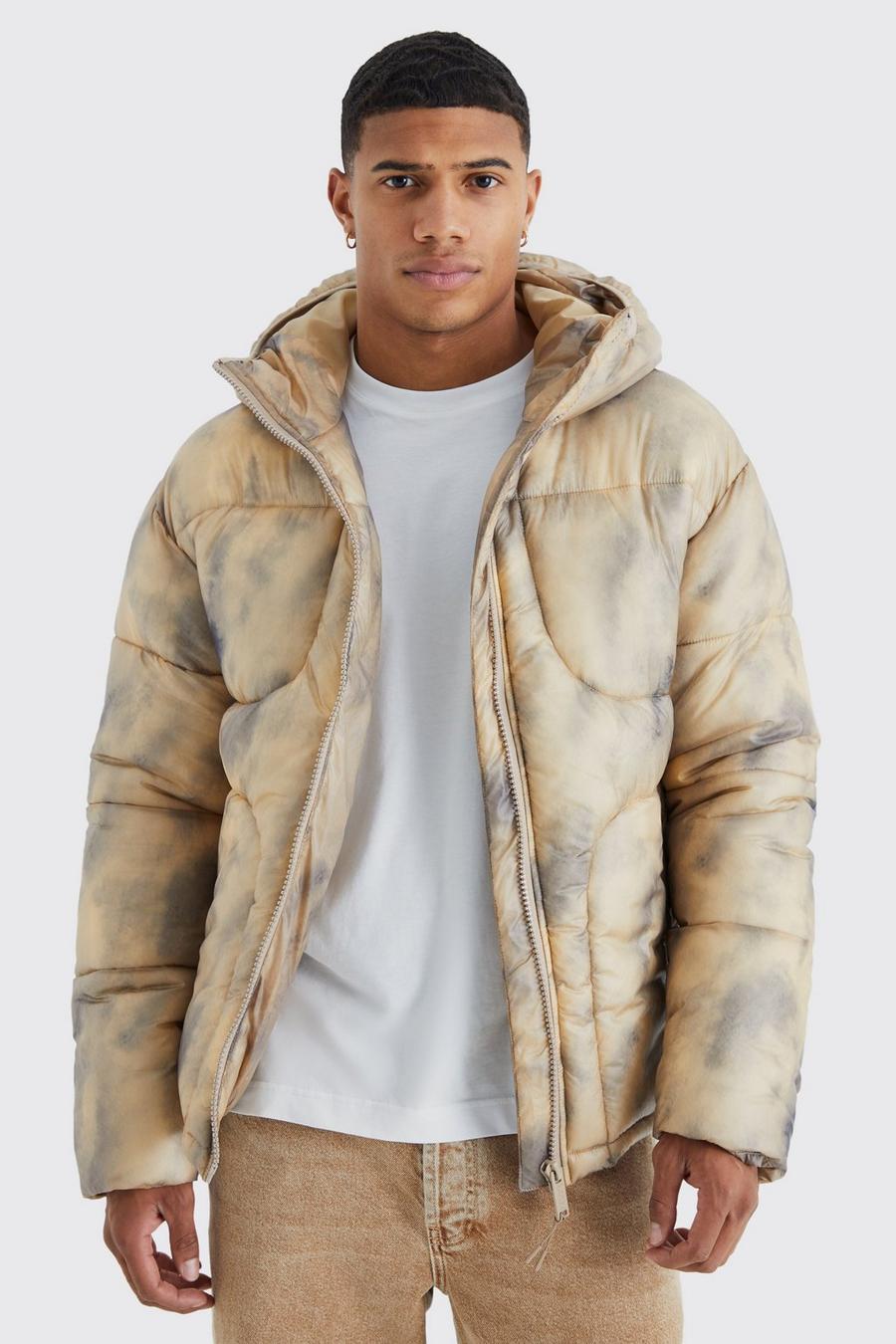 Taupe Tie Dye Quilted Puffer With Hood