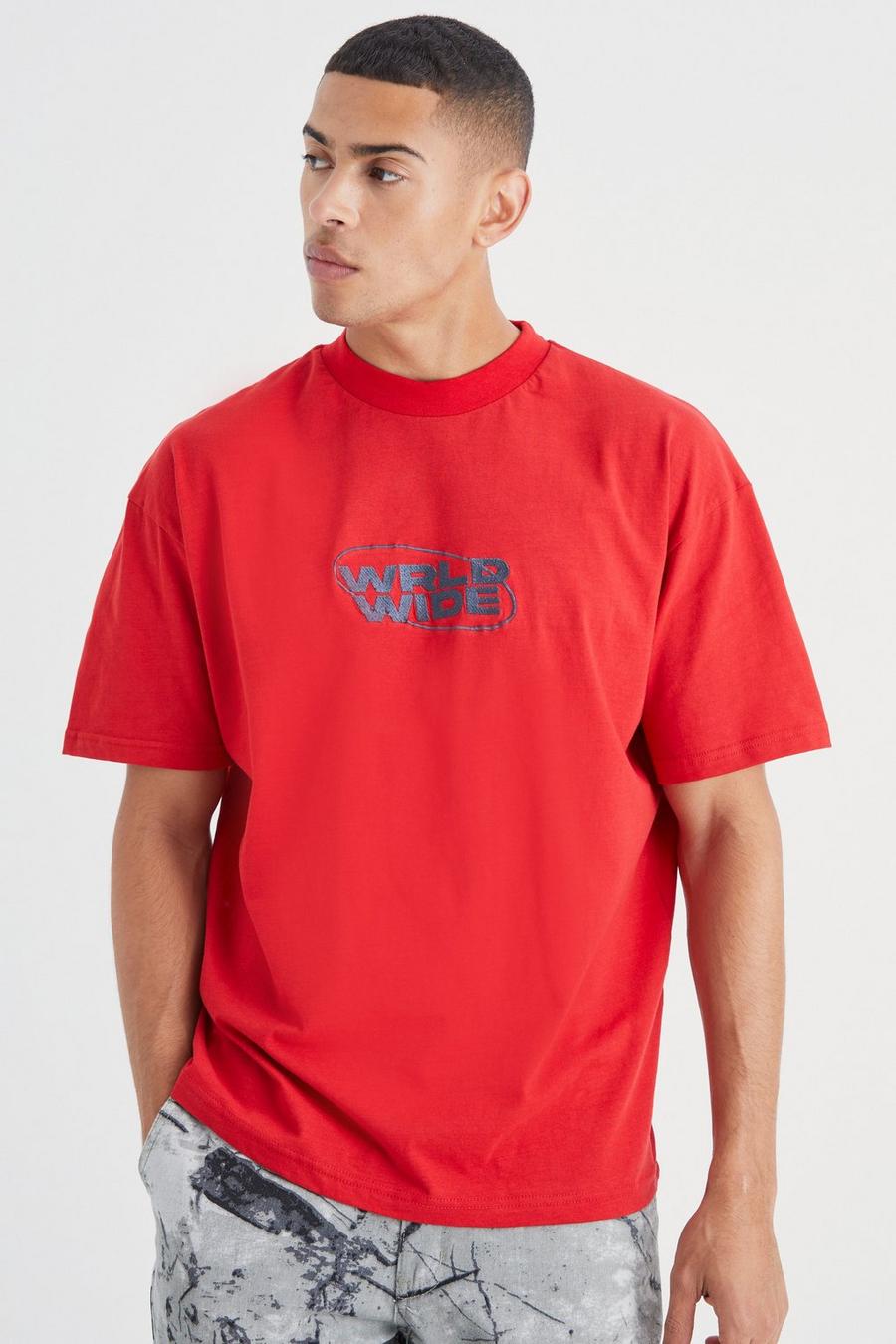Red Oversized Dik Geborduurd Worldwide T-Shirt