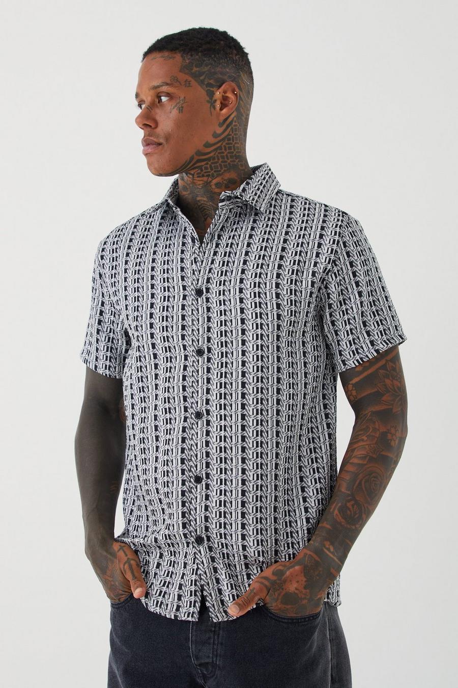 Ecru Short Sleeve Textured Houndstooth Shirt