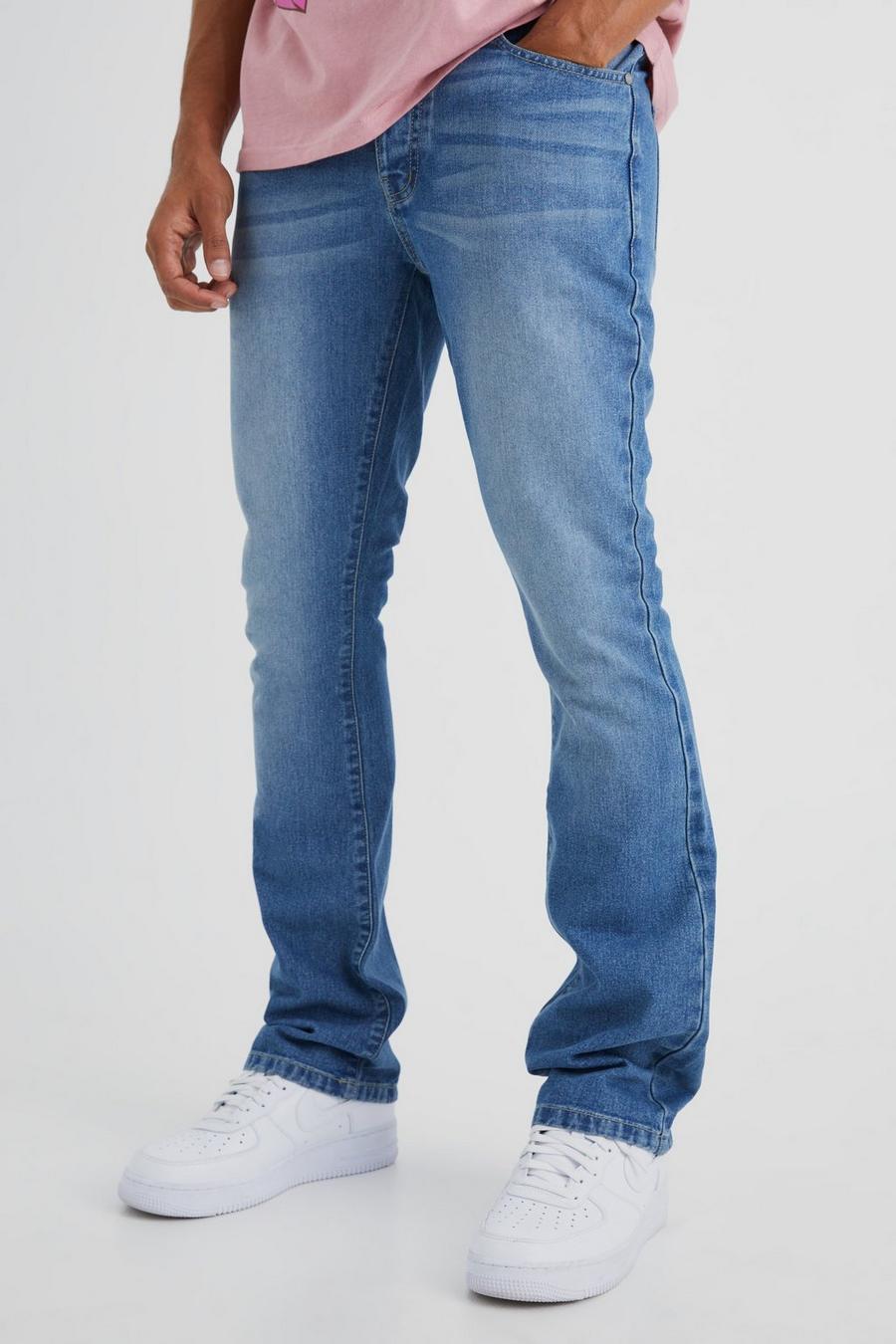 Mid blue Onbewerkte Flared Slim Fit Jeans