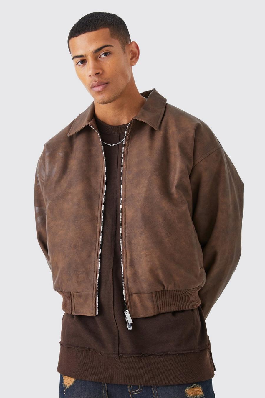 Chocolate Boxy Vintage Pu Embossed Collared Bomber