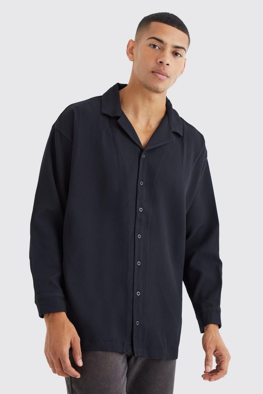 Black Long Sleeve Pleated Oversized Shirt image number 1