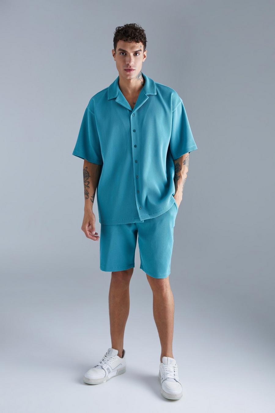 Teal Oversized Geplooid Overhemd Met Korte Mouwen En Shorts Set
