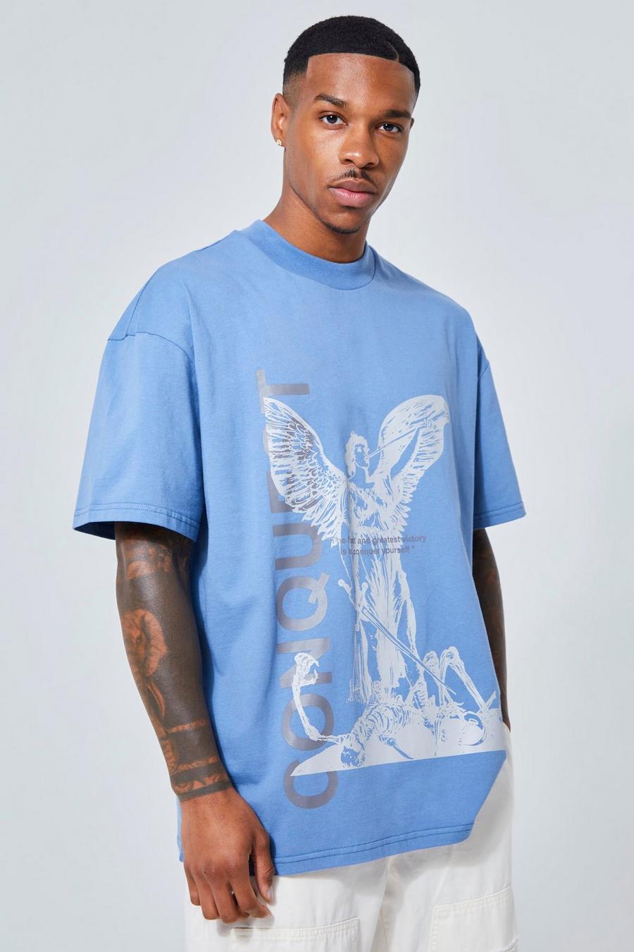 Camiseta oversize con estampado renacentista, Dusty blue