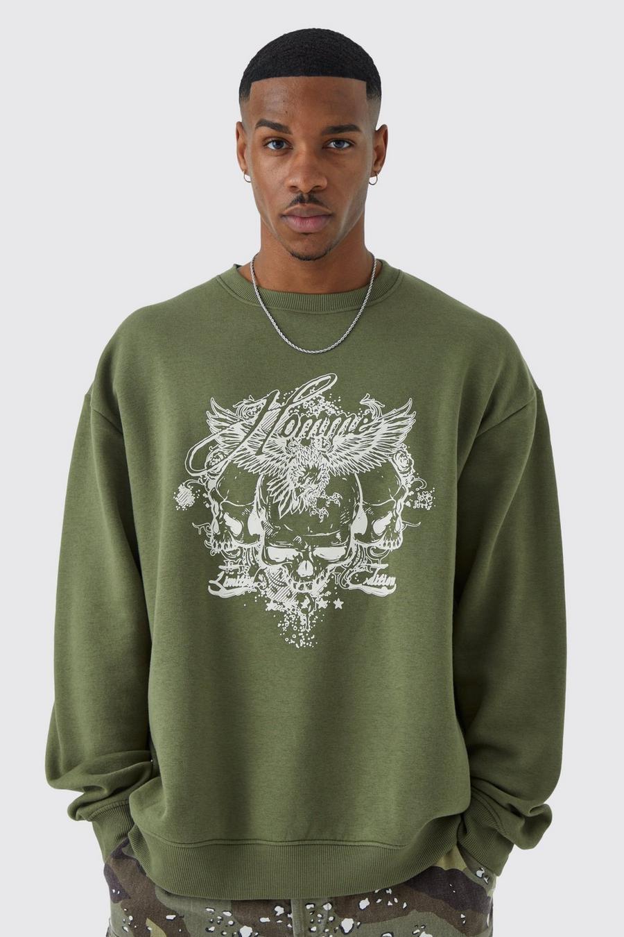Oversize Sweatshirt mit Vintage Totenkopf-Print, Khaki