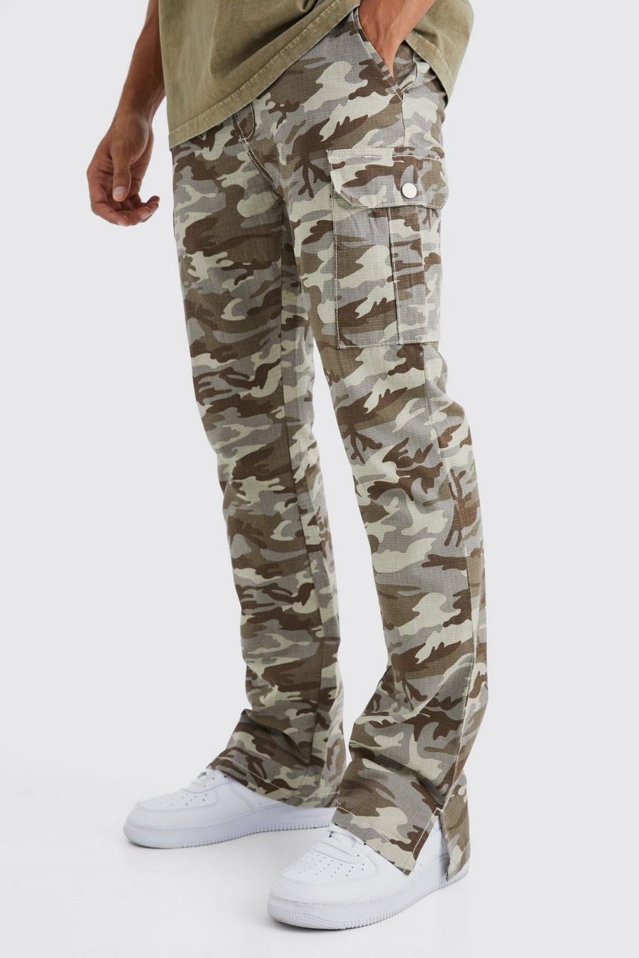 Pantalon cargo slim imprimé camouflage, Chocolate