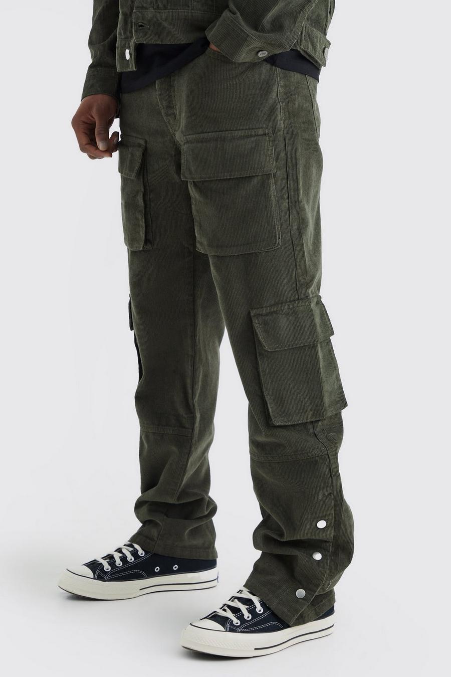 Pantalón cargo holgado de pana con botones de presión y cintura fija, Olive image number 1