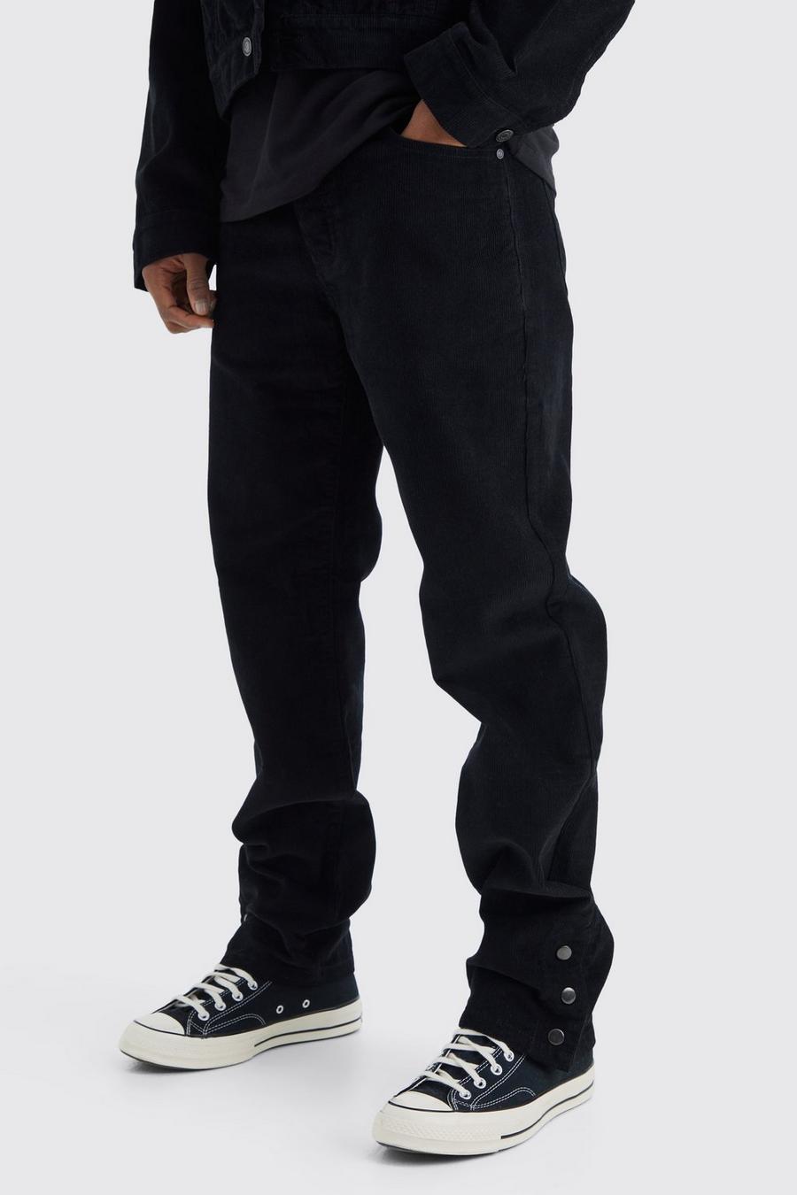 Black Fixed Waist Relaxed Popper Hem Cord Trouser