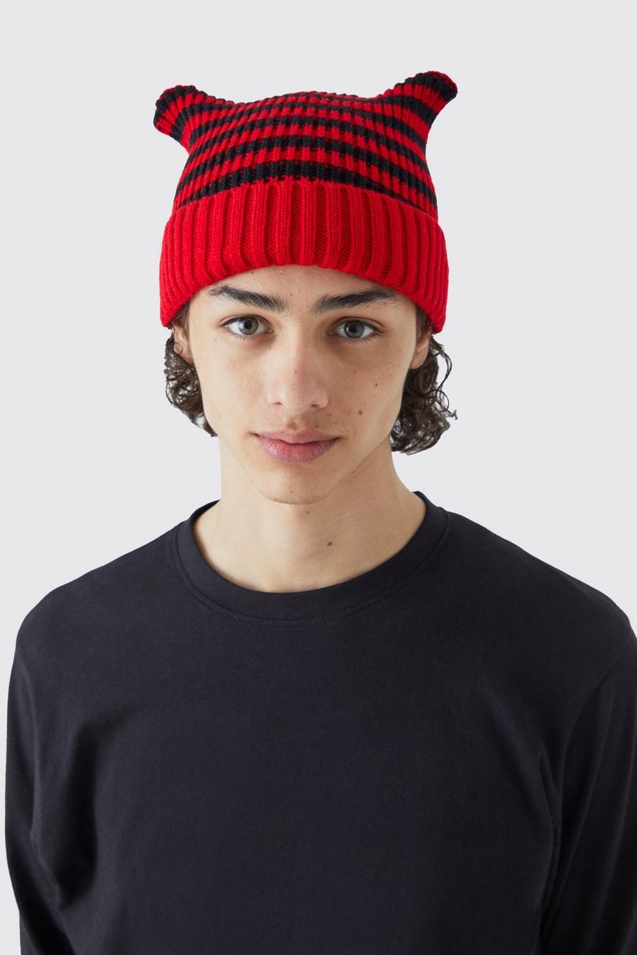 Red Stripe Ear Knit Beanie image number 1