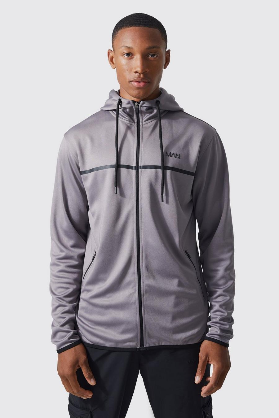 Charcoal Active Tape Detail Zip Through Hoodie
