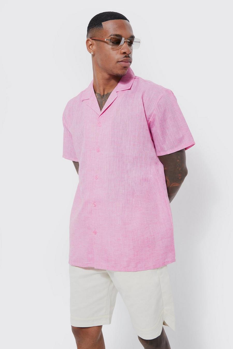 Camicia oversize a maniche corte effetto lino, Pink