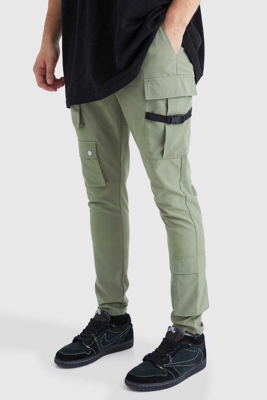 Olive Skinny Multi Pocket Cargo Buckle Trouser