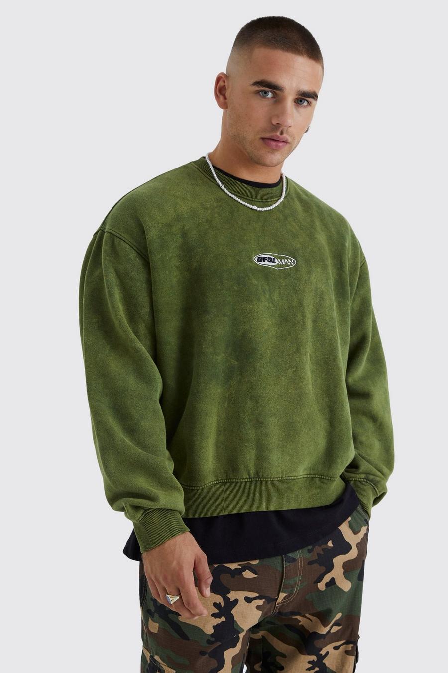 Olive Oversized Boxy Ofcl Acid Washed Sweatshirt