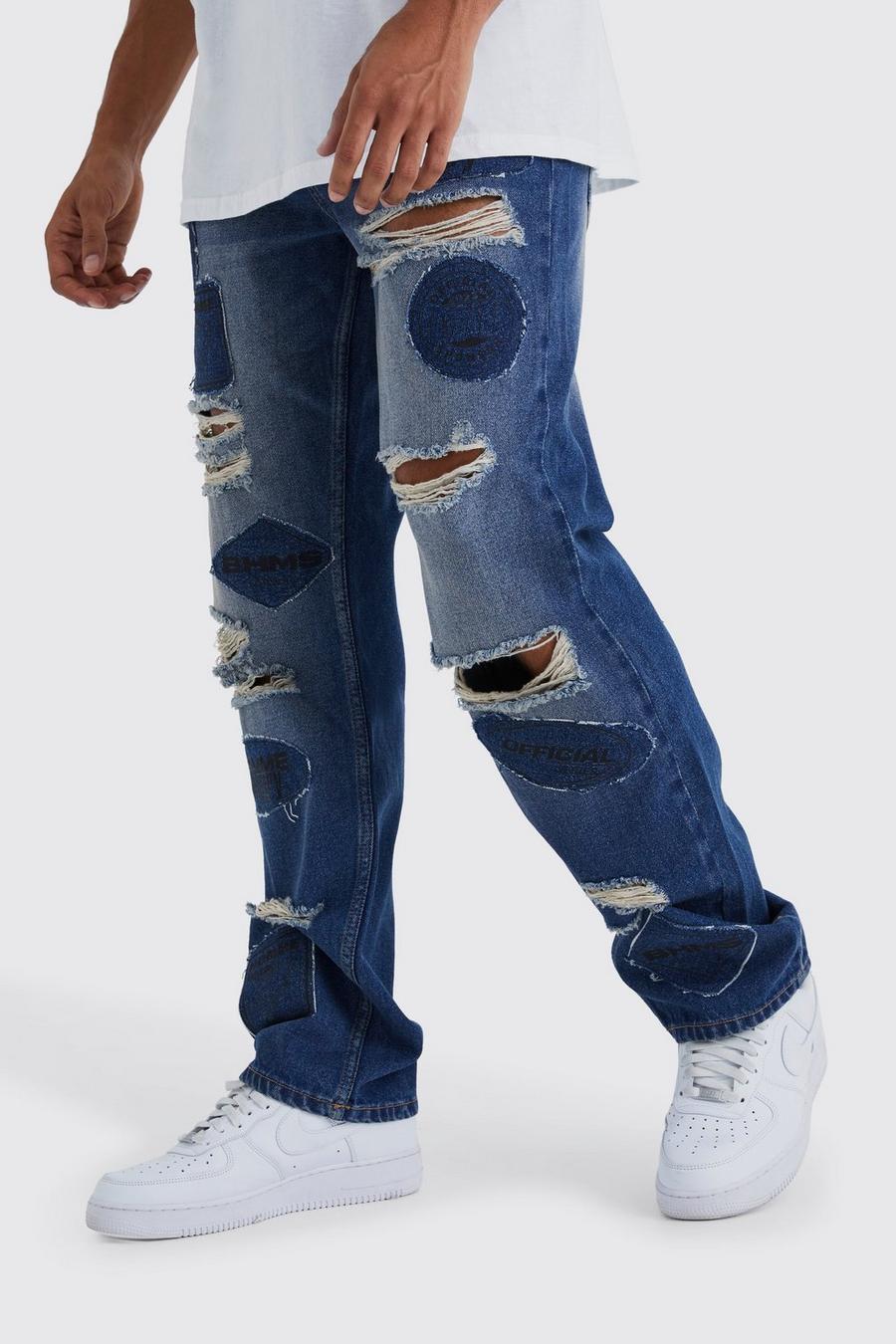 Lockere zerrissene Jeans mit Applikation, Antique blue