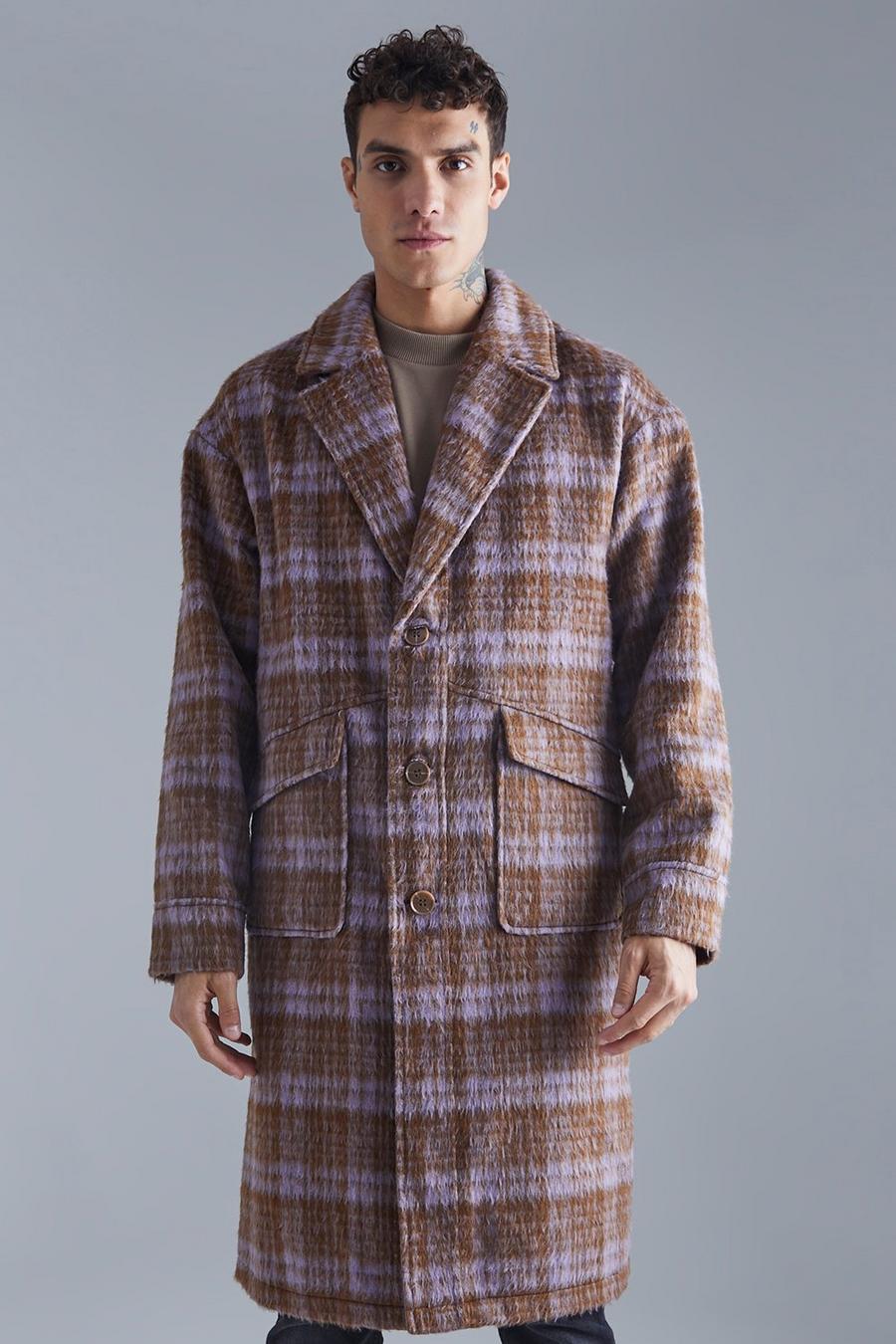 Brown Single Breasted Brushed Check Overcoat 