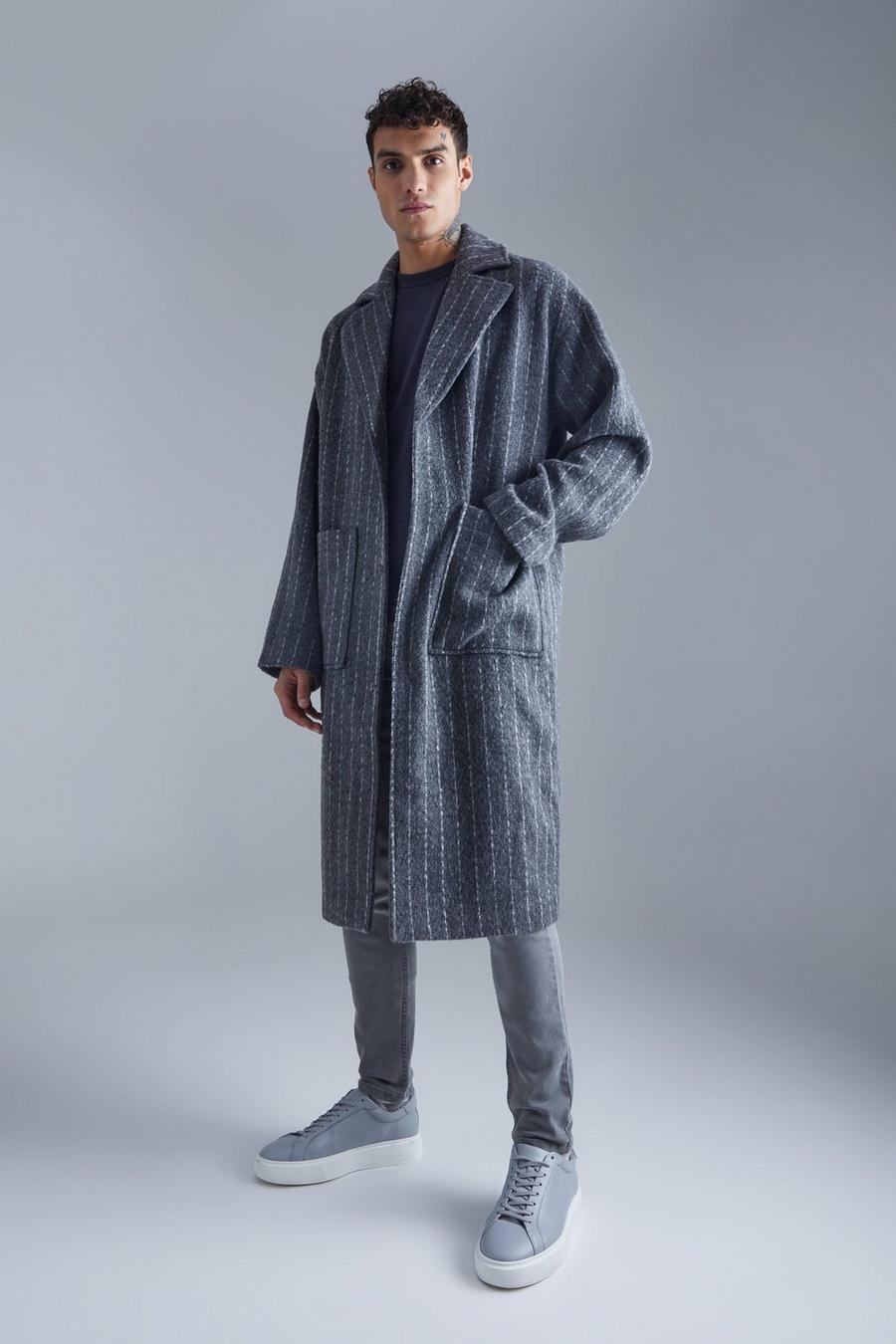 Grey Single Breasted Brushed Stripe Overcoat  image number 1